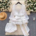 Bow-tie Top & Shorts Lace Patchwork 2Pcs
