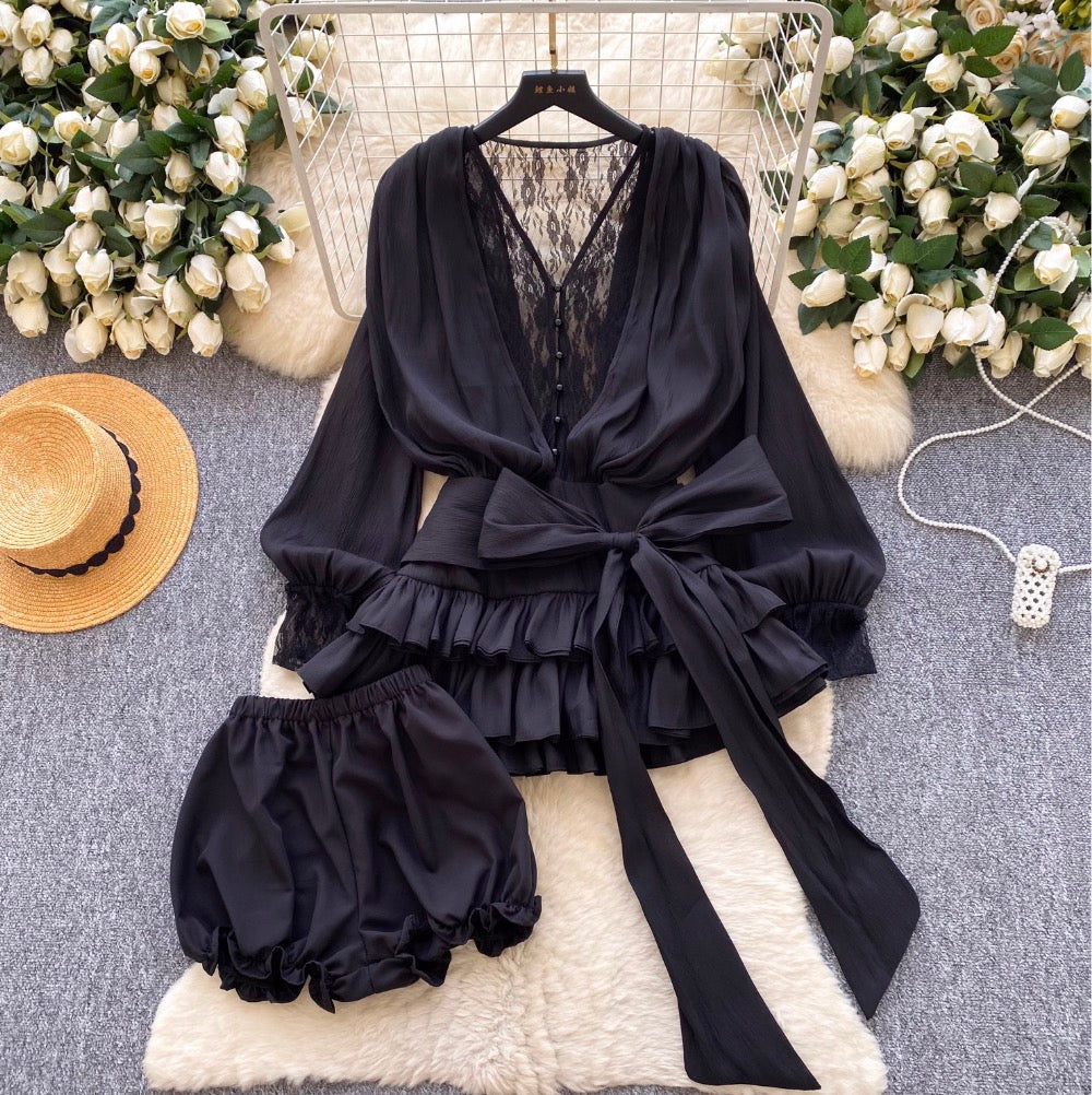 Bow-tie Top & Shorts Lace Patchwork 2Pcs