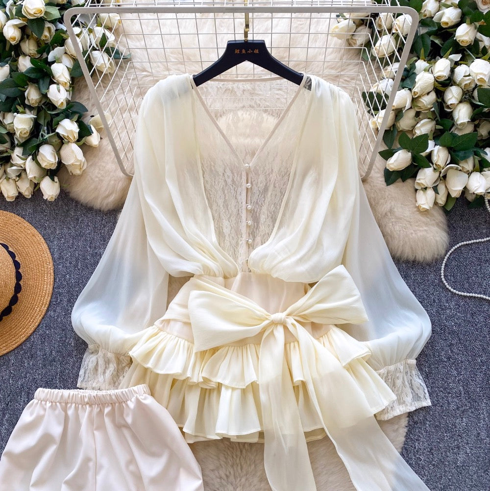 Bow-tie Top & Shorts Lace Patchwork 2Pcs