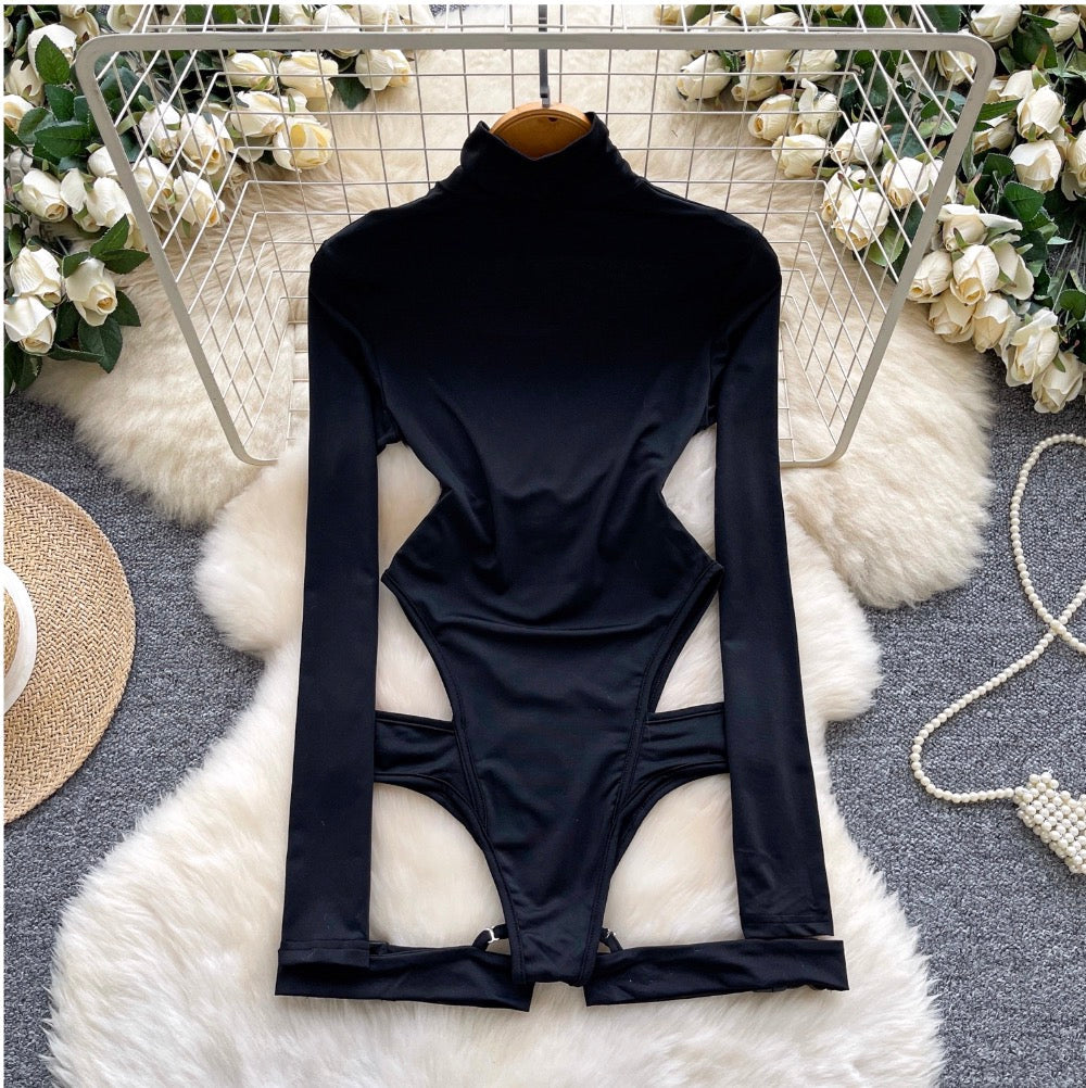 Turtleneck Black Hollowed Jumpsuits