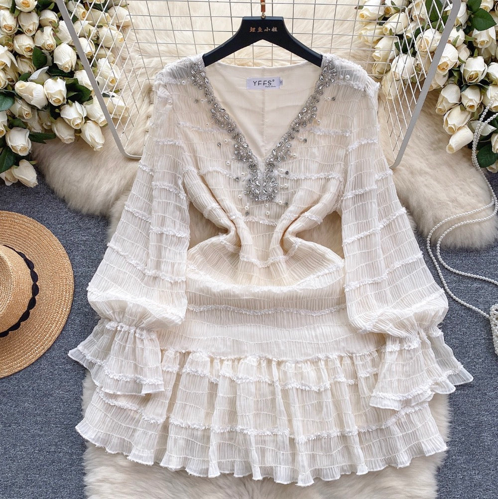 V-neck Rhinestone Studded Ruffled Dress