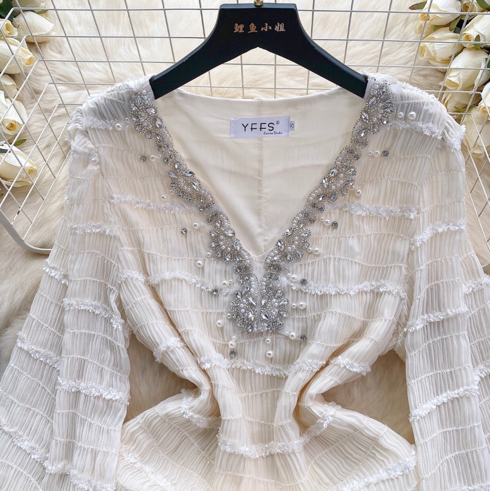 V-neck Rhinestone Studded Ruffled Dress