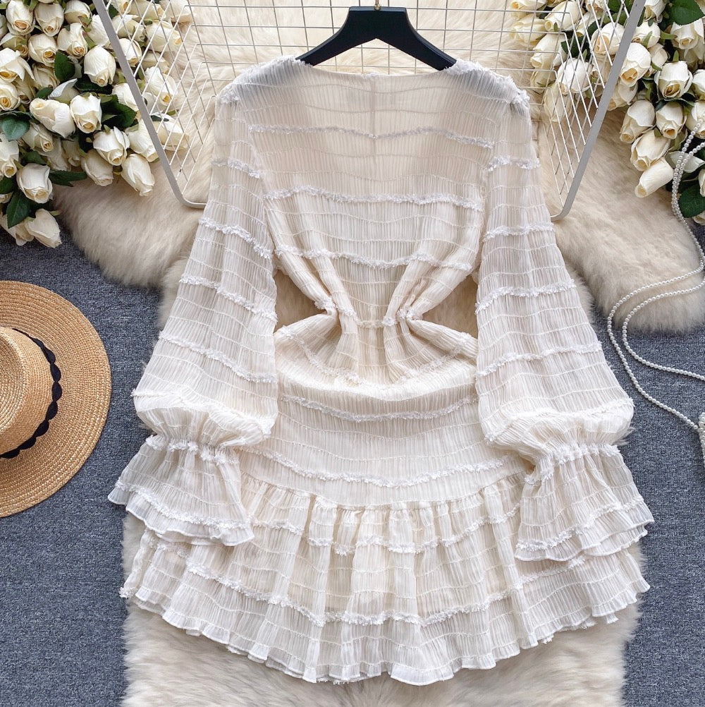 V-neck Rhinestone Studded Ruffled Dress