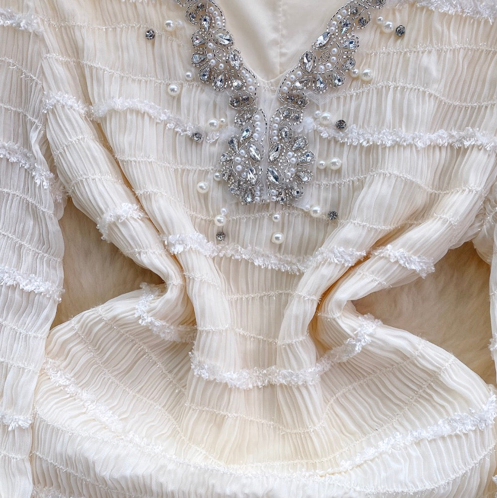V-neck Rhinestone Studded Ruffled Dress