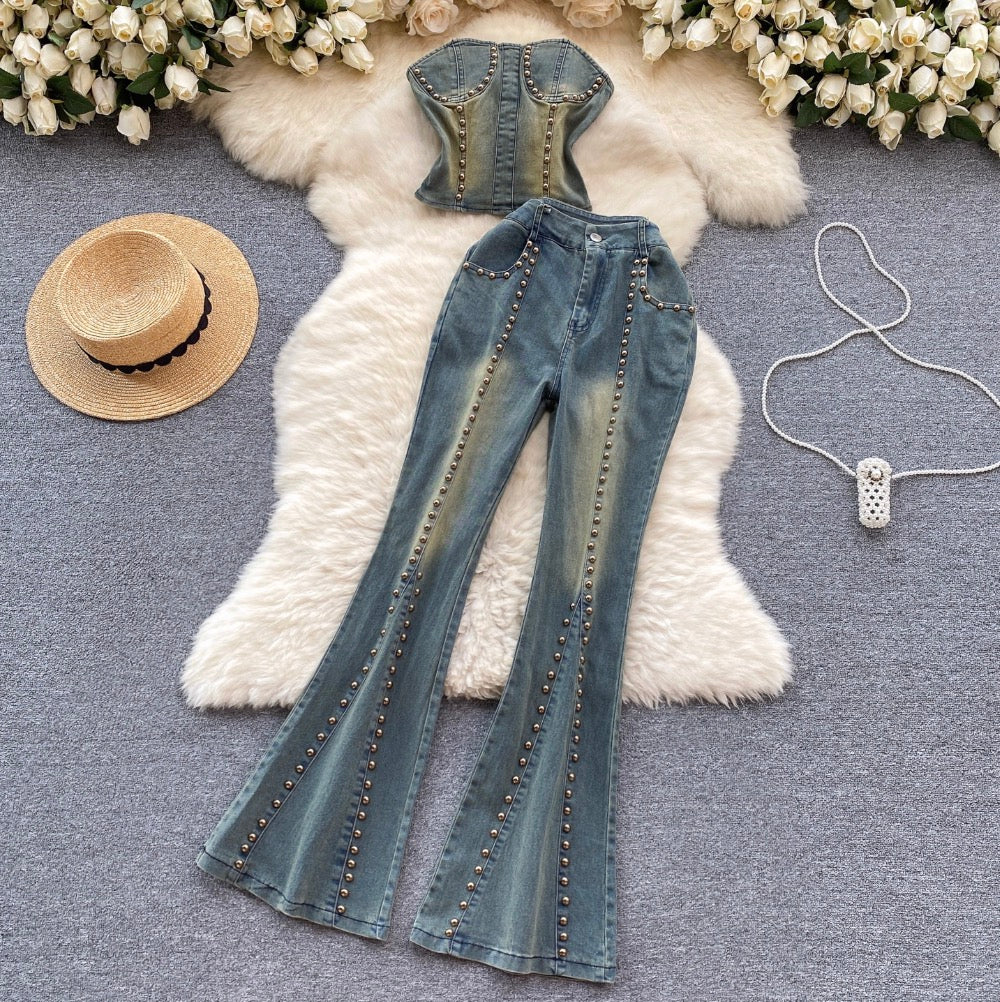 Vintage Beaded Denim Top & Jeans 2Pcs