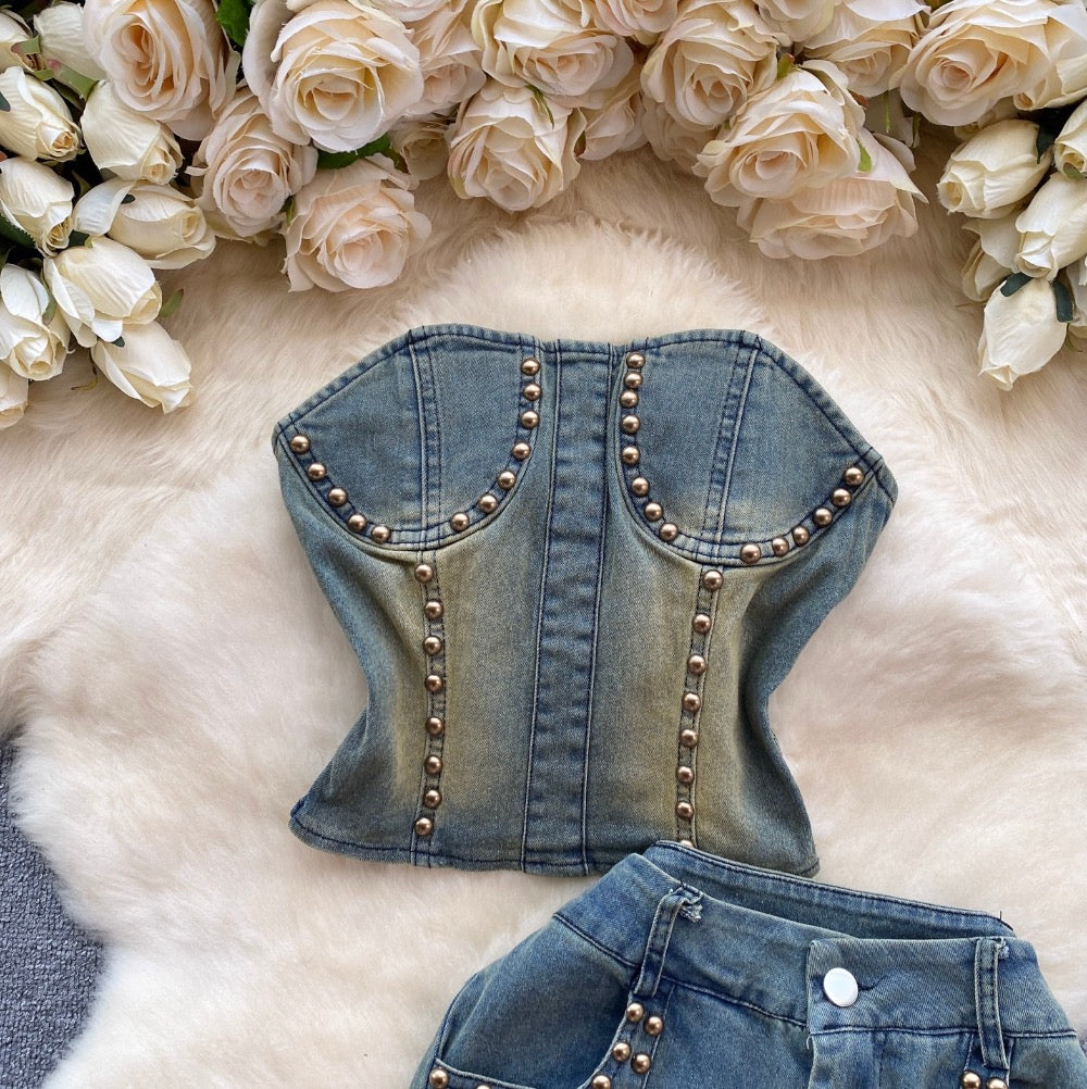 Vintage Beaded Denim Top & Jeans 2Pcs