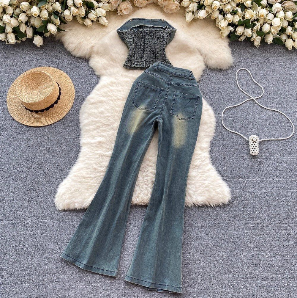 Vintage Beaded Denim Top & Jeans 2Pcs