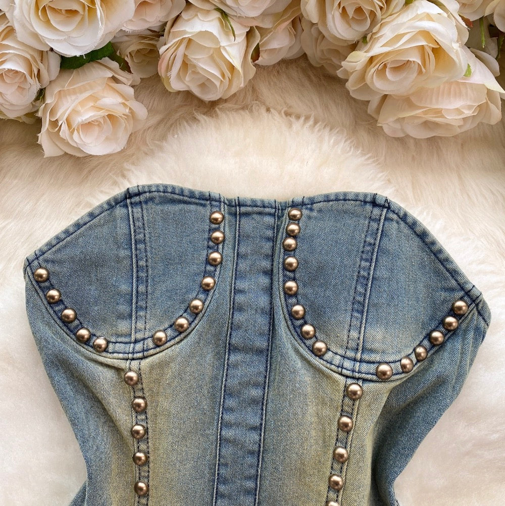 Vintage Beaded Denim Top & Jeans 2Pcs