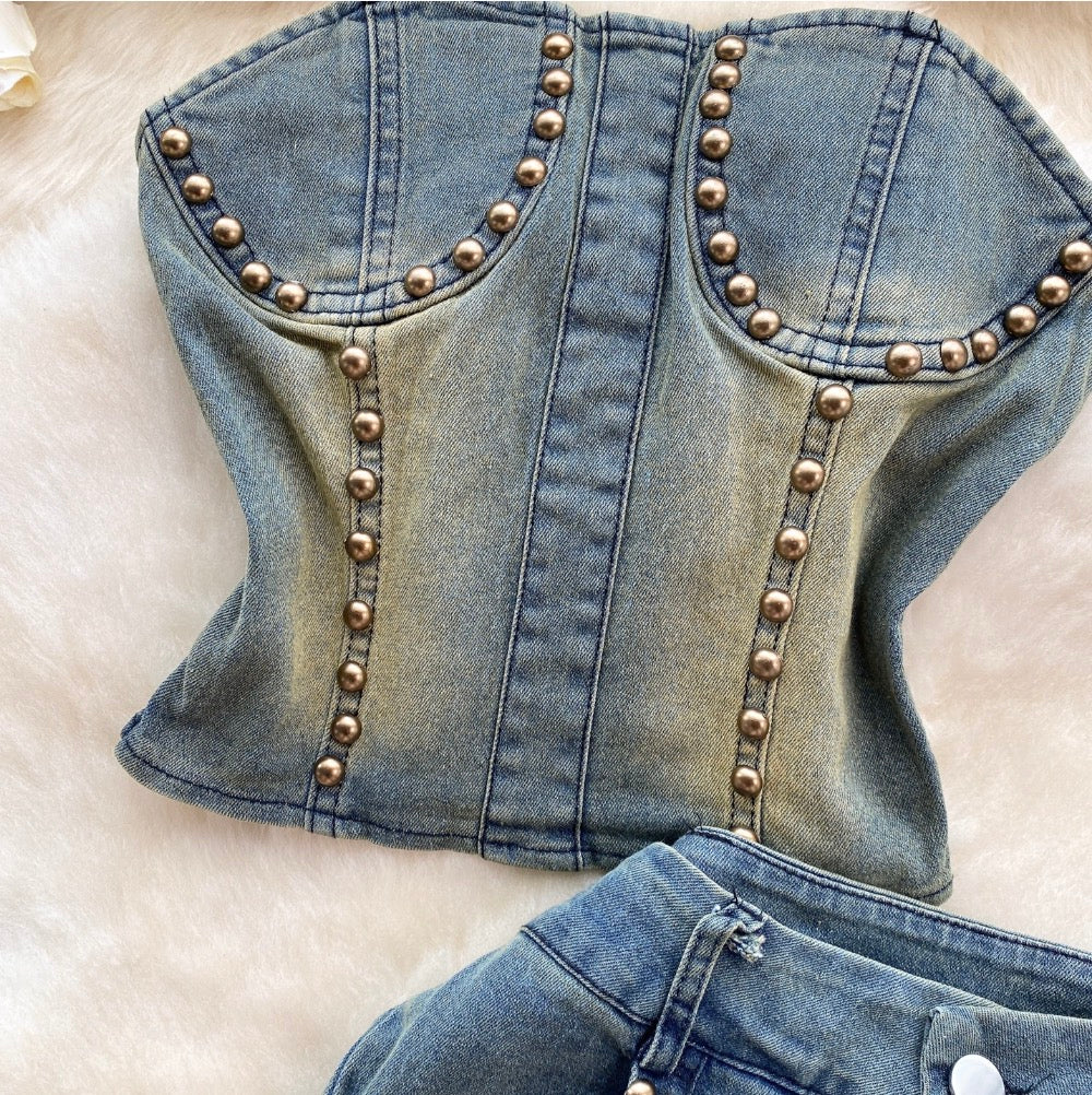 Vintage Beaded Denim Top & Jeans 2Pcs