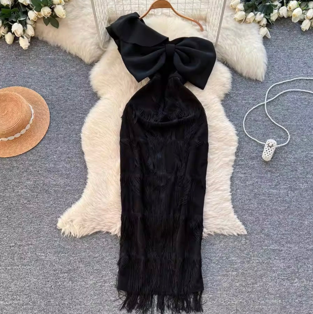 Bow-tie One Shoulder Black Dress