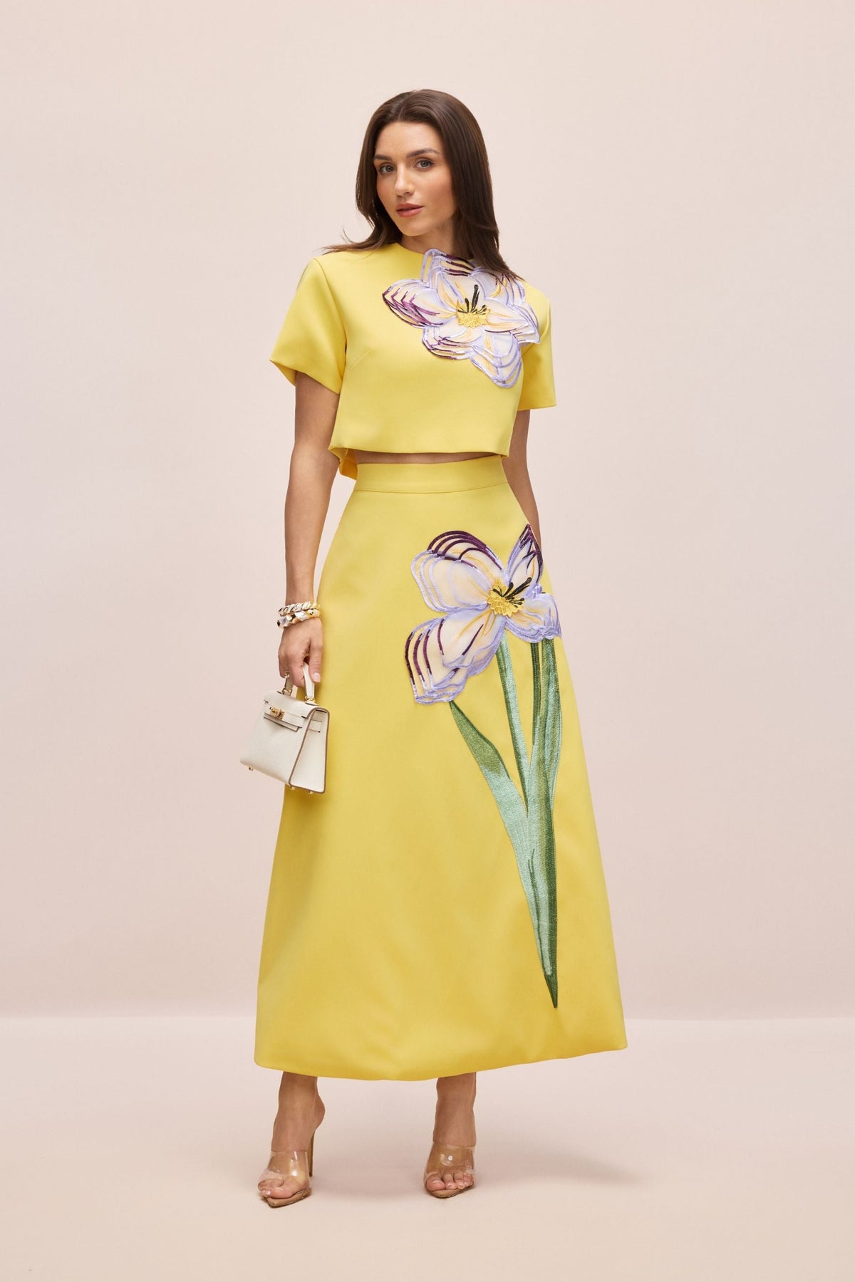 Elizaveta Floral Applique Short Sleeve Top & Skirt Set