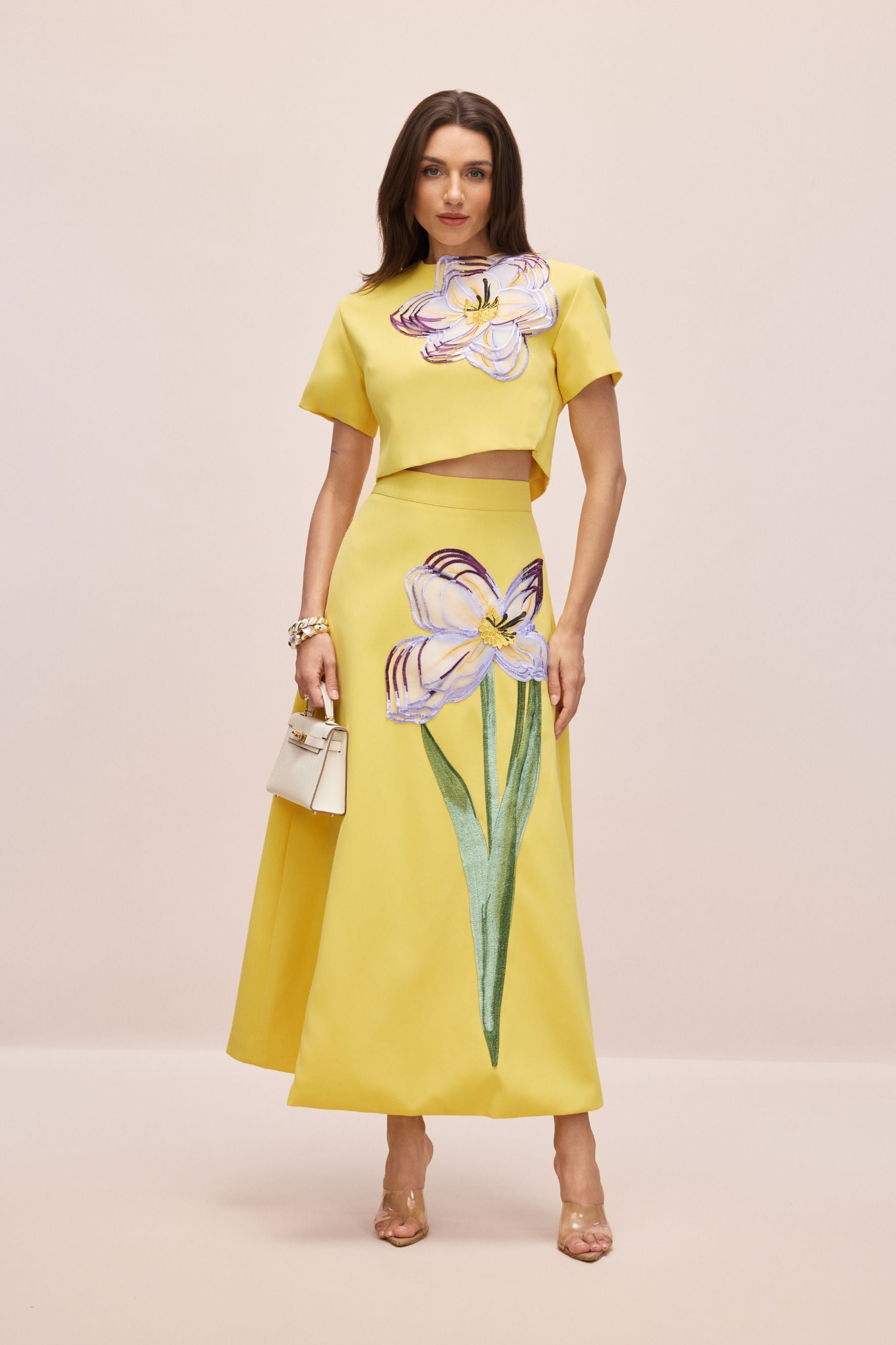 Elizaveta Floral Applique Short Sleeve Top & Skirt Set
