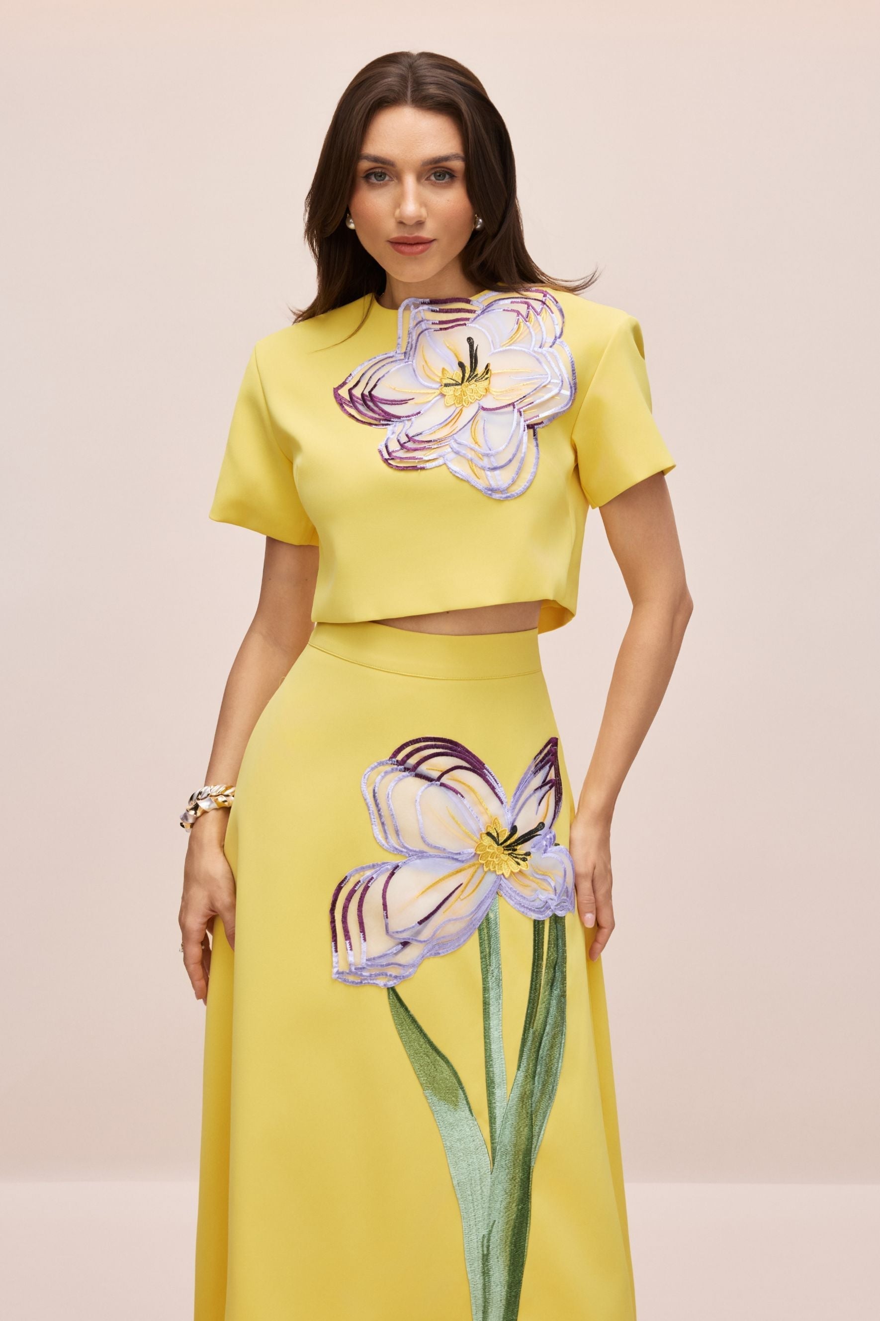 Elizaveta Floral Applique Short Sleeve Top & Skirt Set
