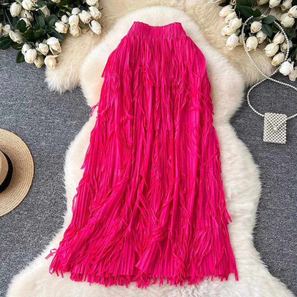 Solid Color Layered Fringed Skirt