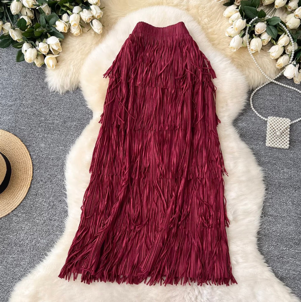 Solid Color Layered Fringed Skirt