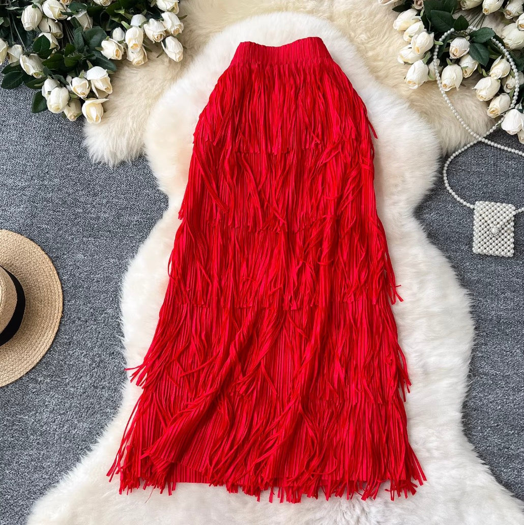 Solid Color Layered Fringed Skirt