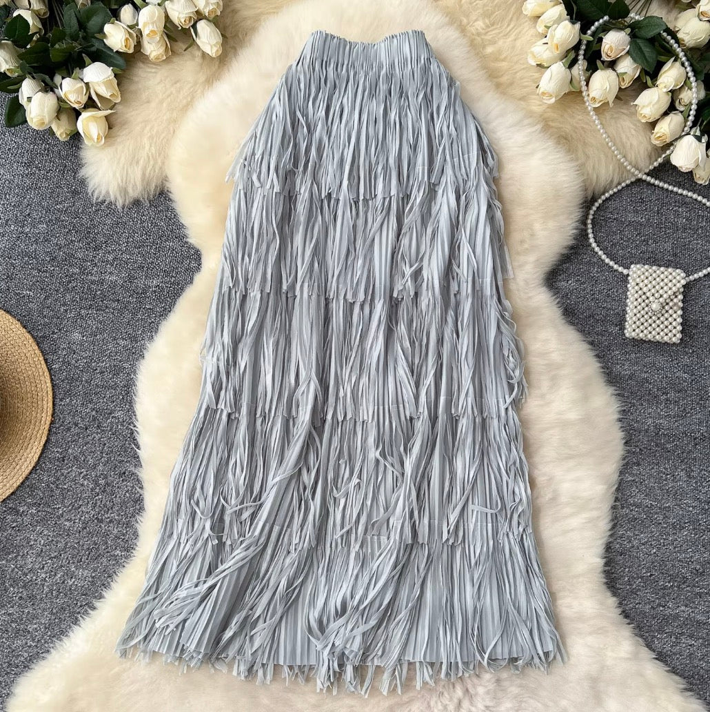 Solid Color Layered Fringed Skirt