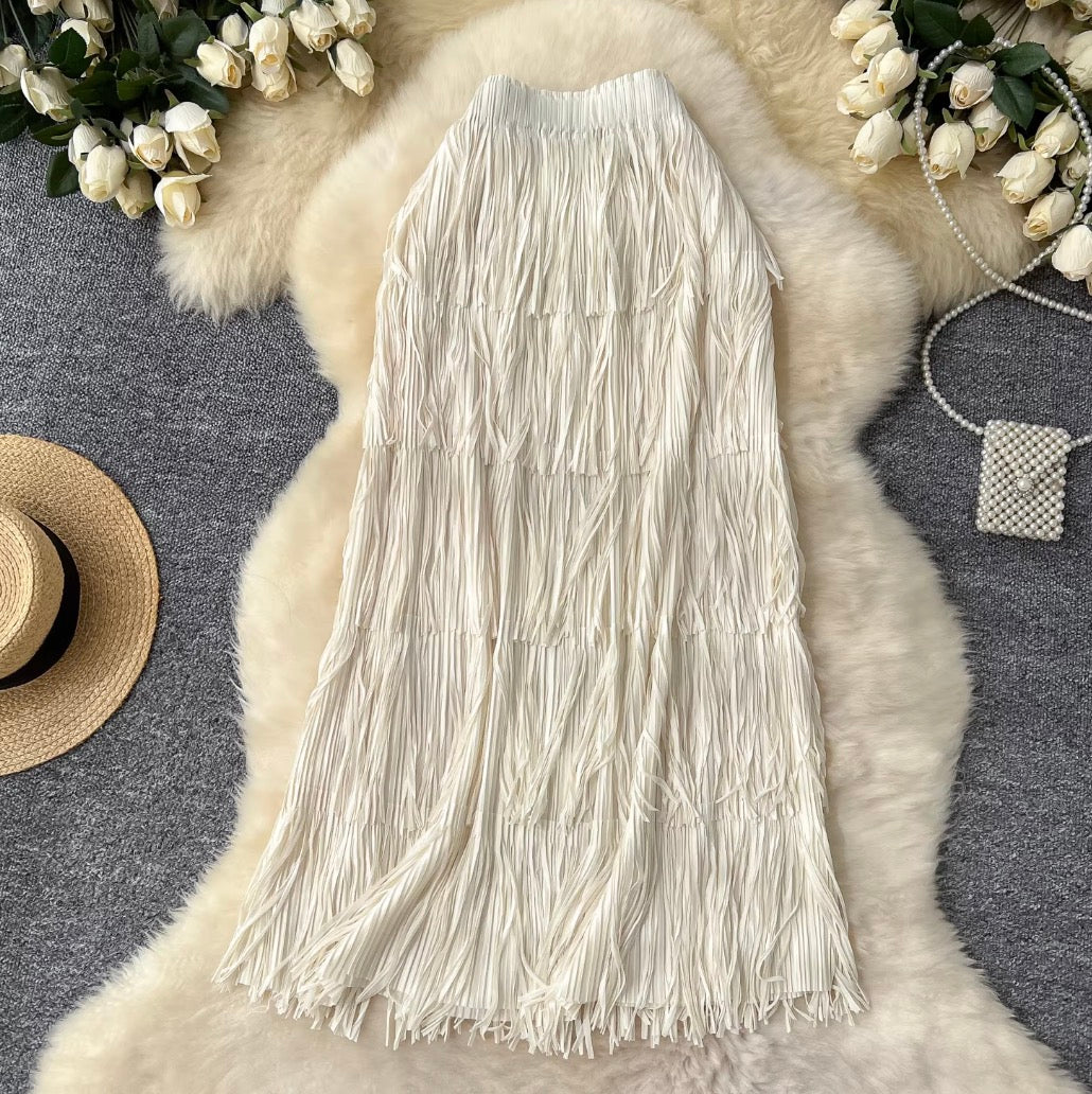 Solid Color Layered Fringed Skirt