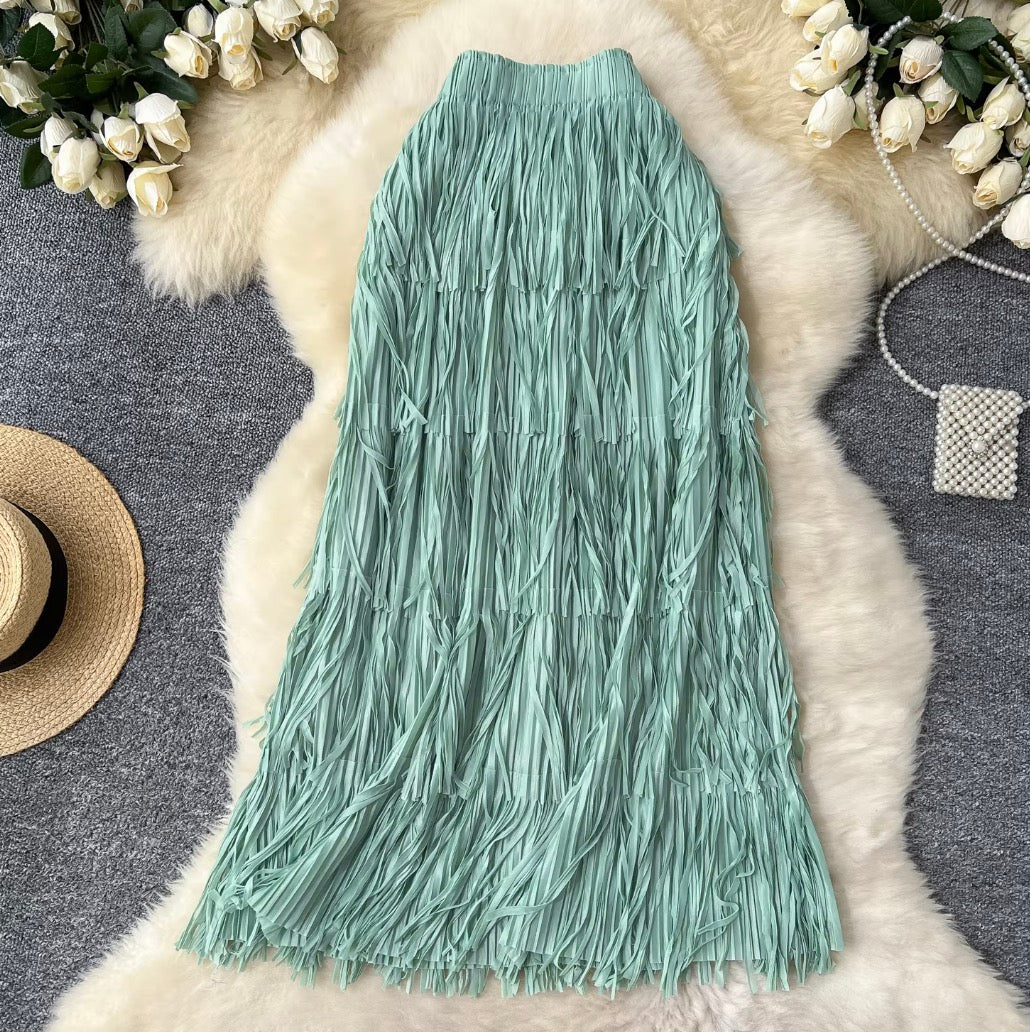 Solid Color Layered Fringed Skirt