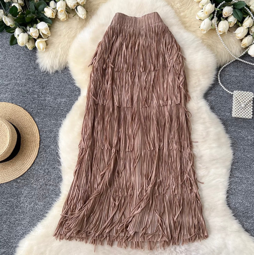 Solid Color Layered Fringed Skirt