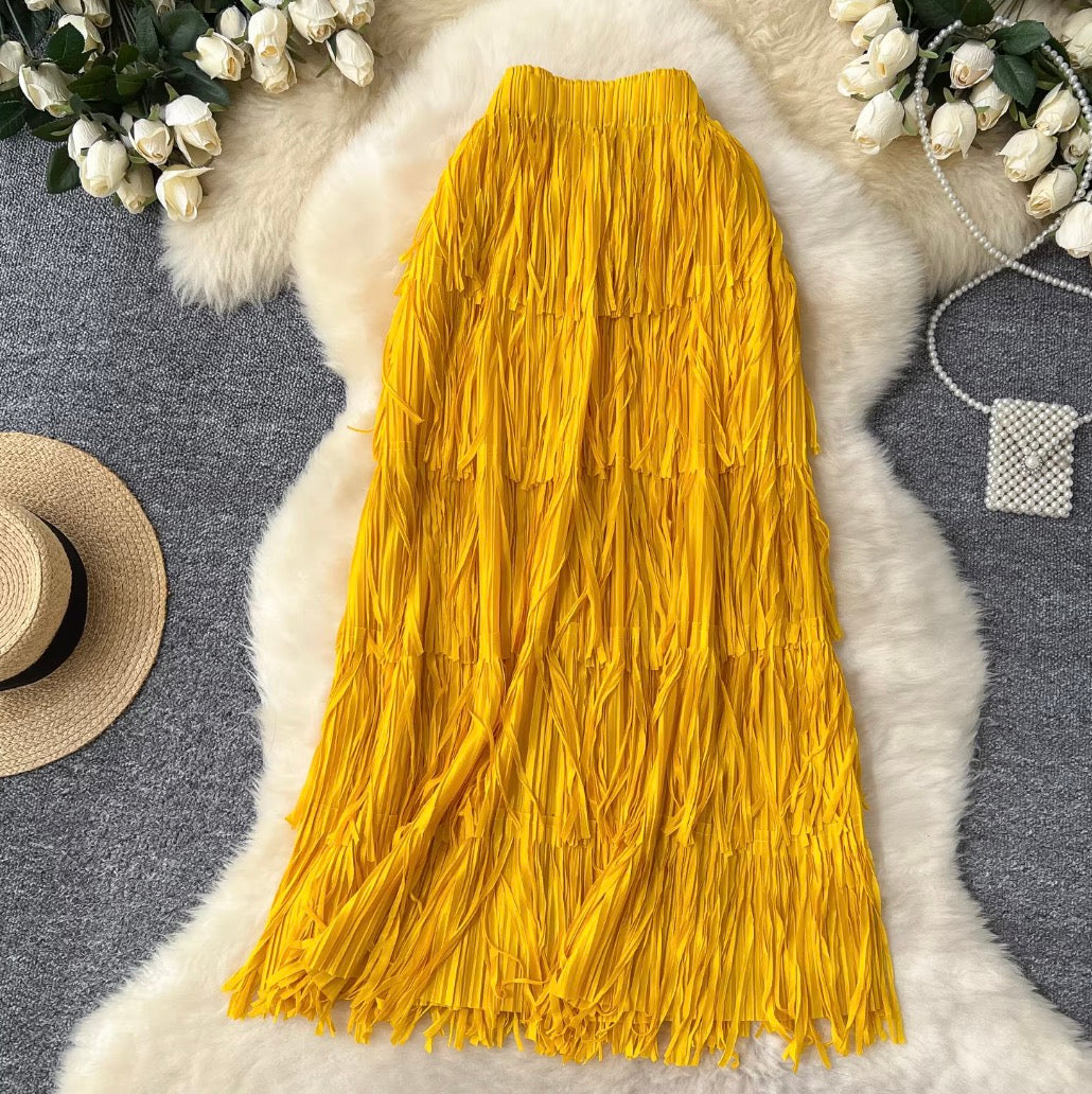 Solid Color Layered Fringed Skirt