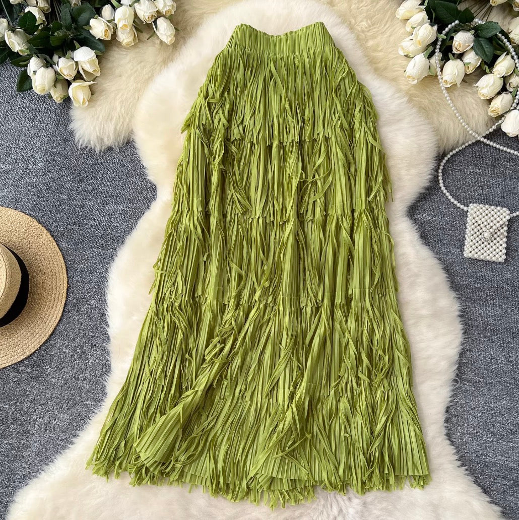 Solid Color Layered Fringed Skirt