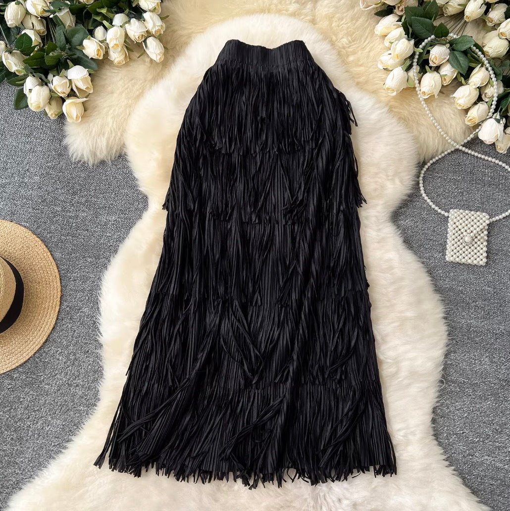 Solid Color Layered Fringed Skirt