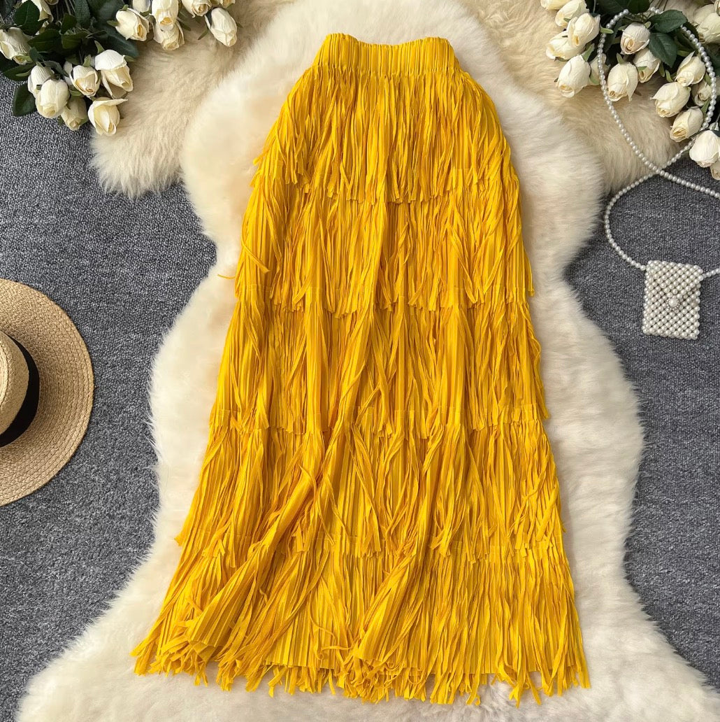 Solid Color Layered Fringed Skirt