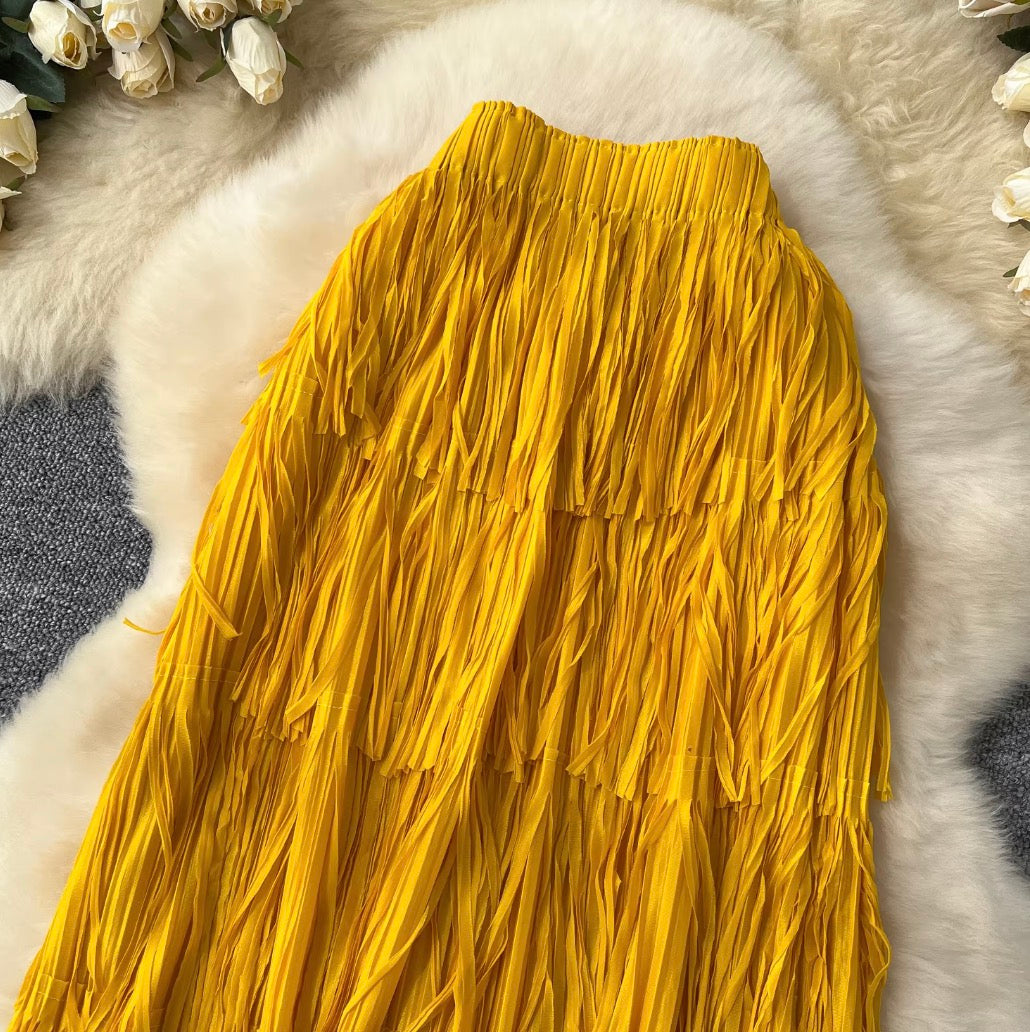 Solid Color Layered Fringed Skirt