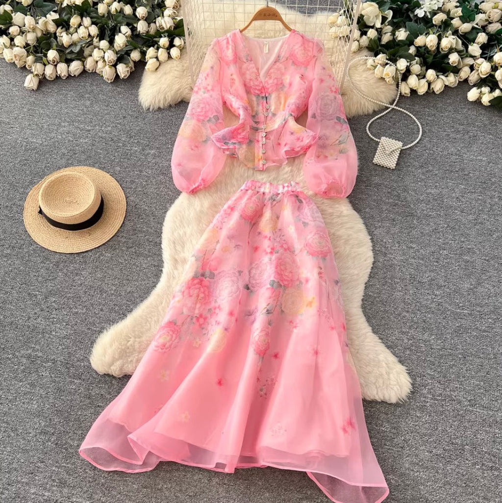 Fairy V-neck Shirt & Skirt Floral 2Pcs