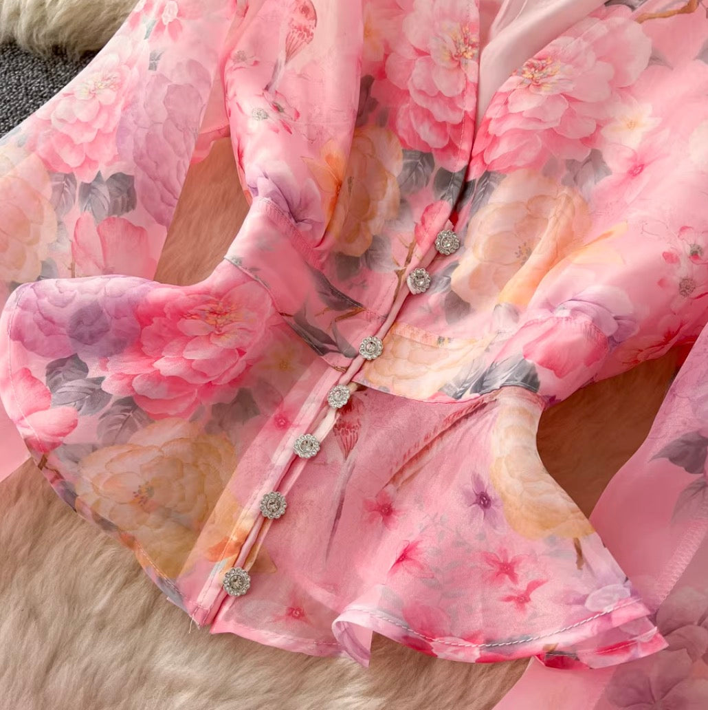 Fairy V-neck Shirt & Skirt Floral 2Pcs