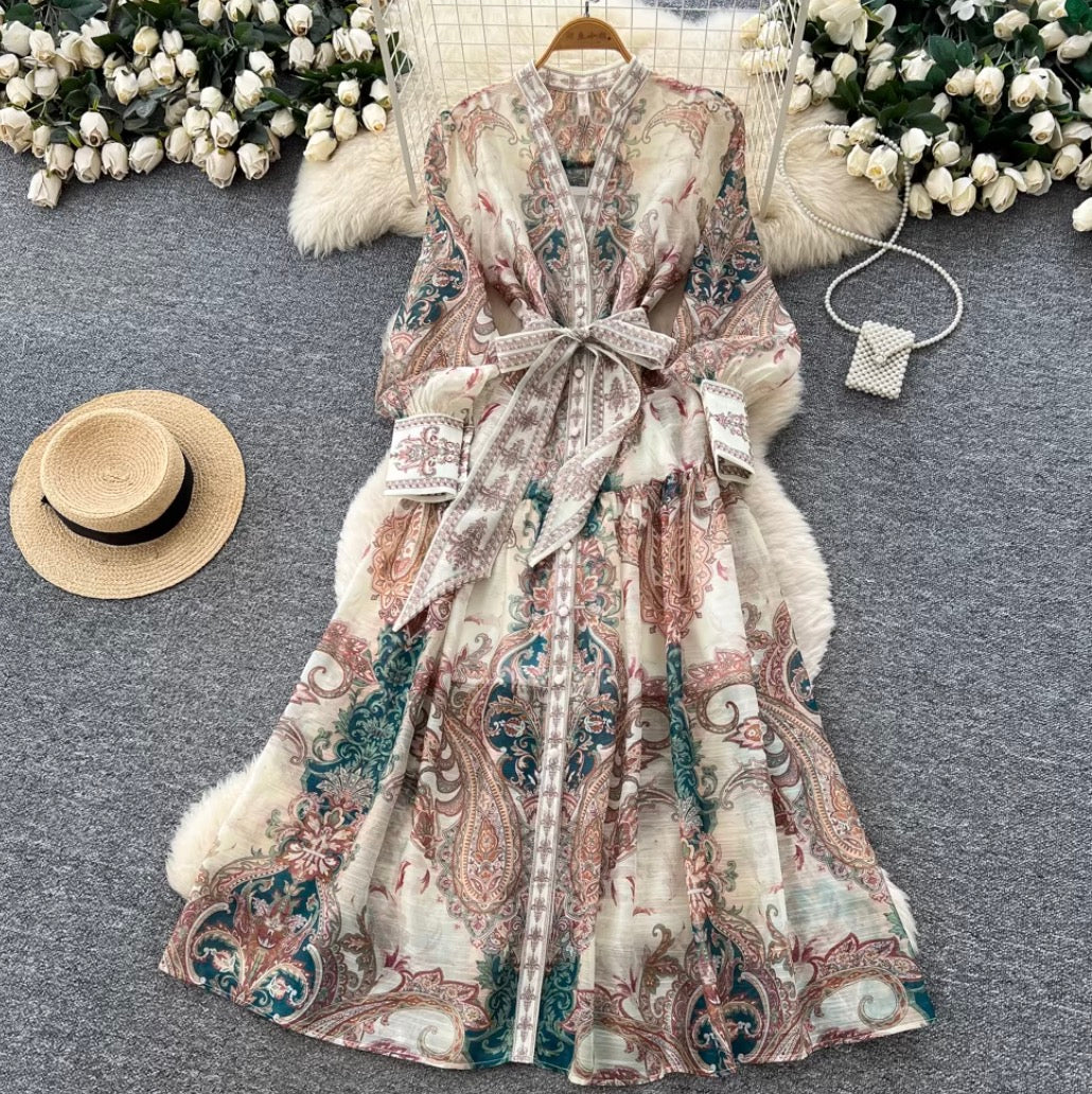Vintage Printed Lace-up Dress