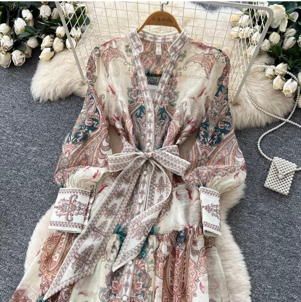 Vintage Printed Lace-up Dress