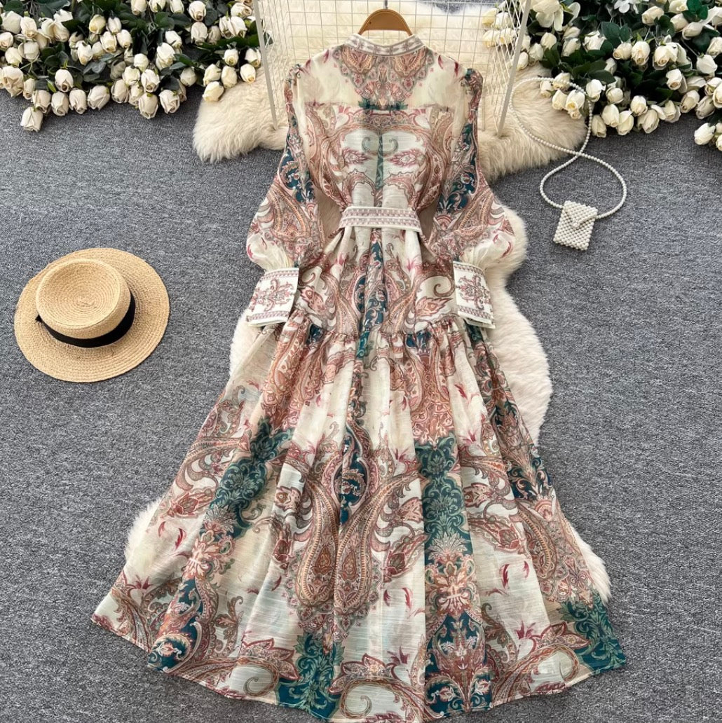 Vintage Printed Lace-up Dress