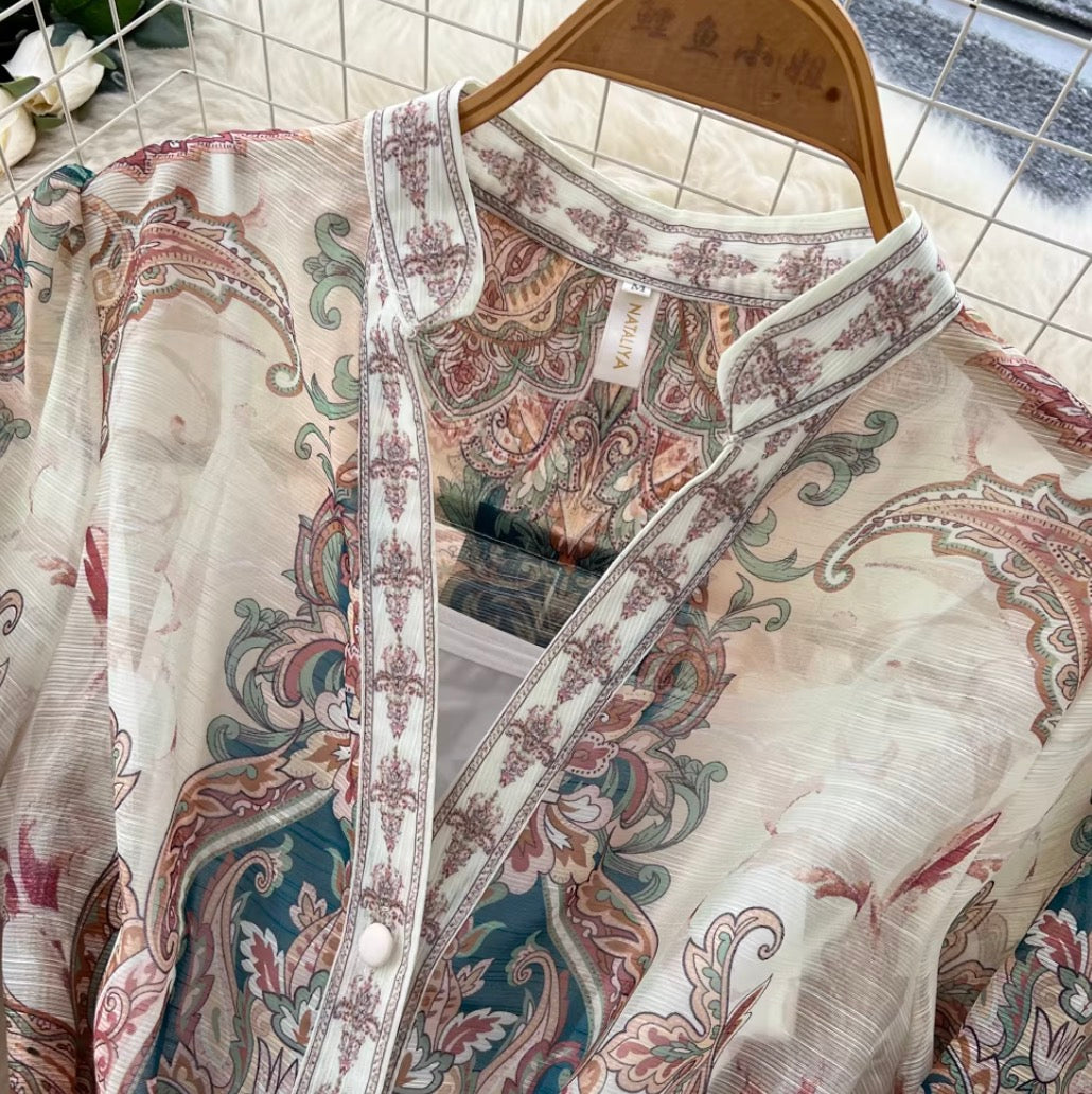 Vintage Printed Lace-up Dress
