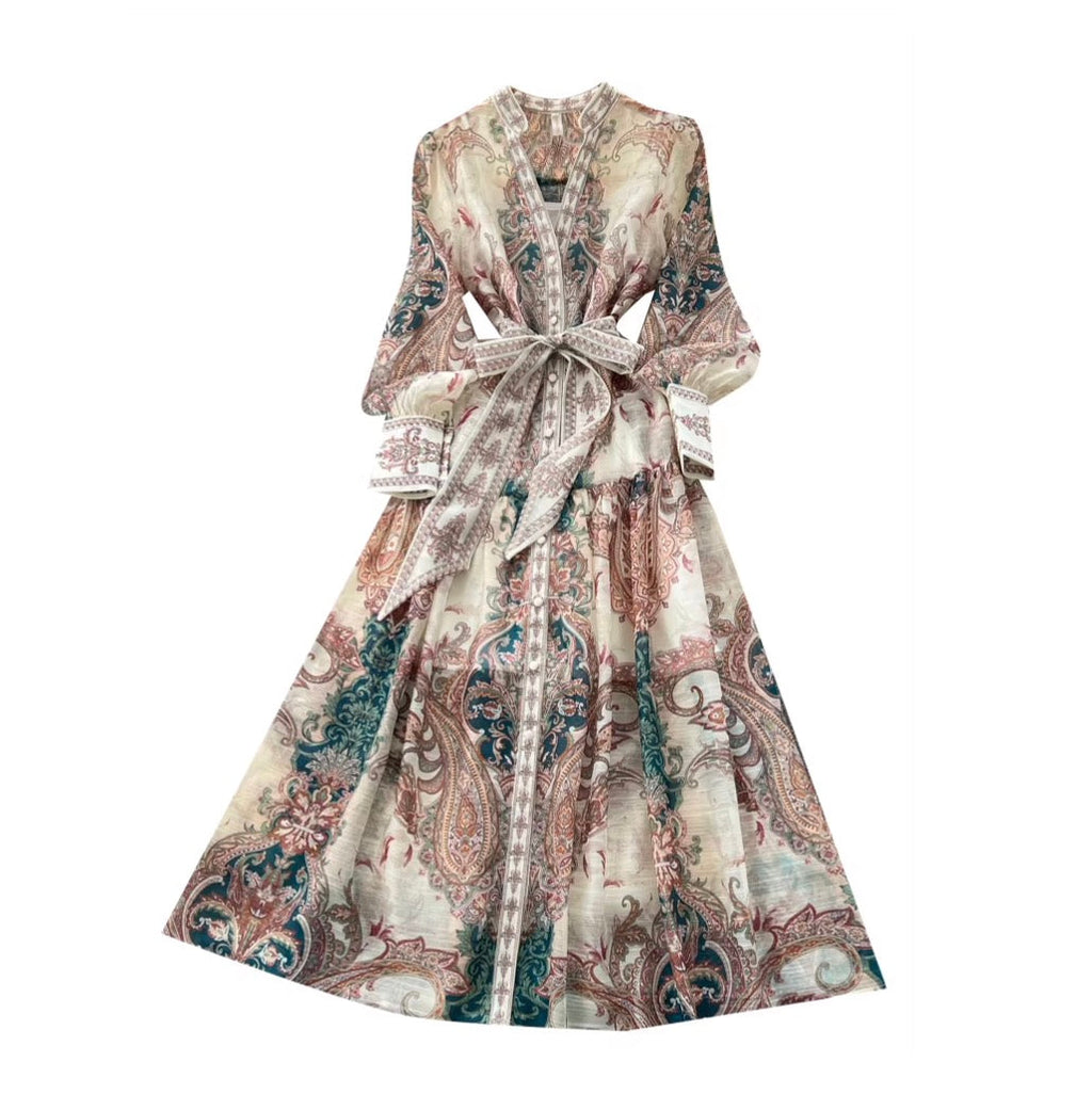 Vintage Printed Lace-up Dress