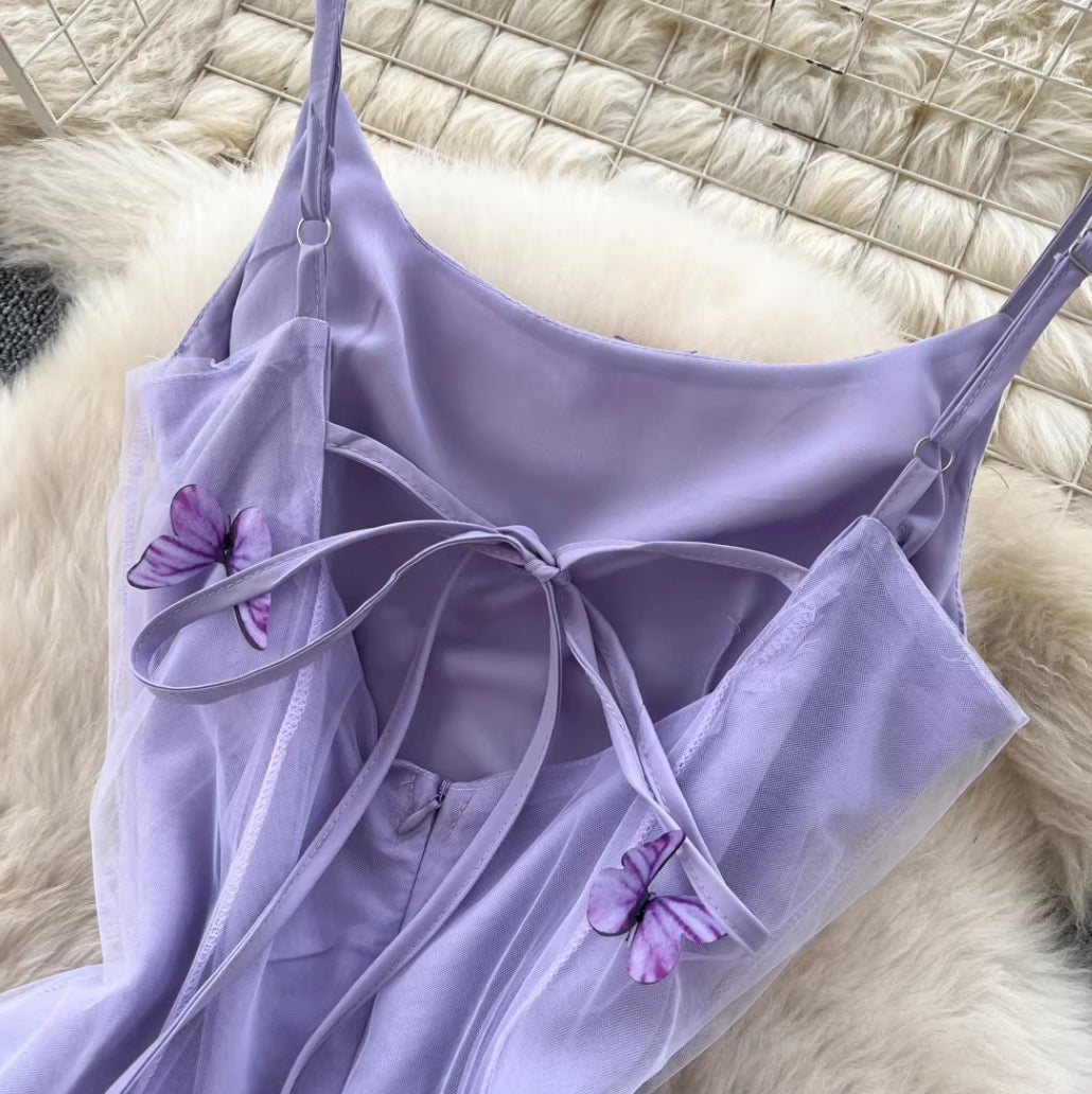 Butterfly Embroidered Purple Slip Dress
