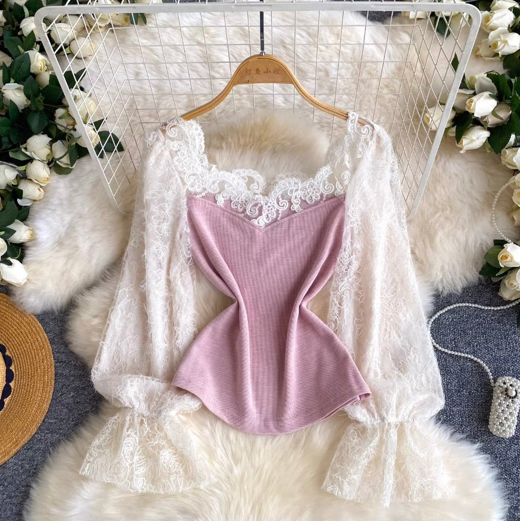 Elegant Lace Patchwork Knit Shirt