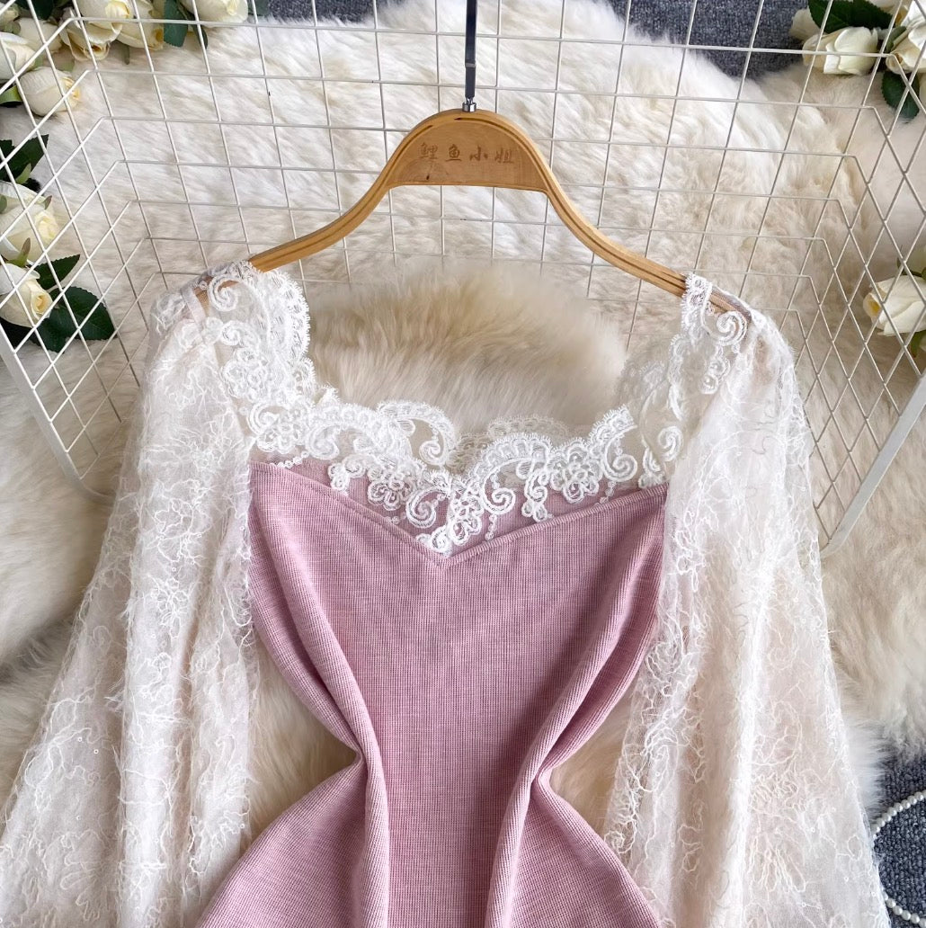 Elegant Lace Patchwork Knit Shirt