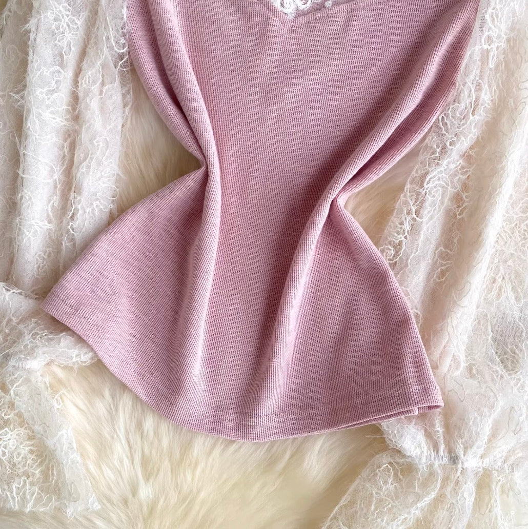 Elegant Lace Patchwork Knit Shirt
