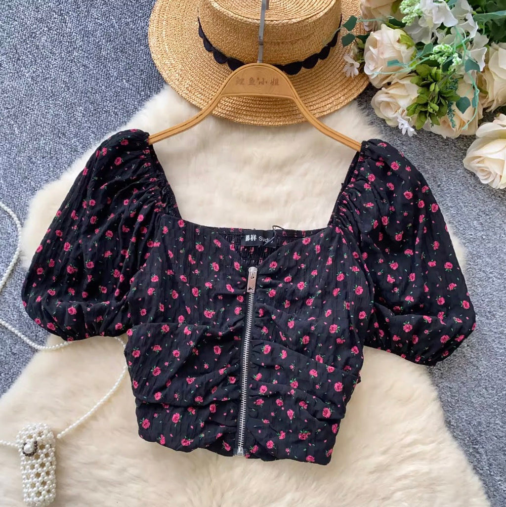 Vintage Floral Print Zipped Shirt