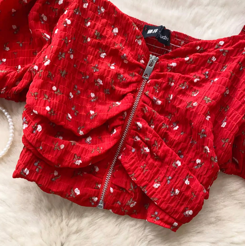 Vintage Floral Print Zipped Shirt