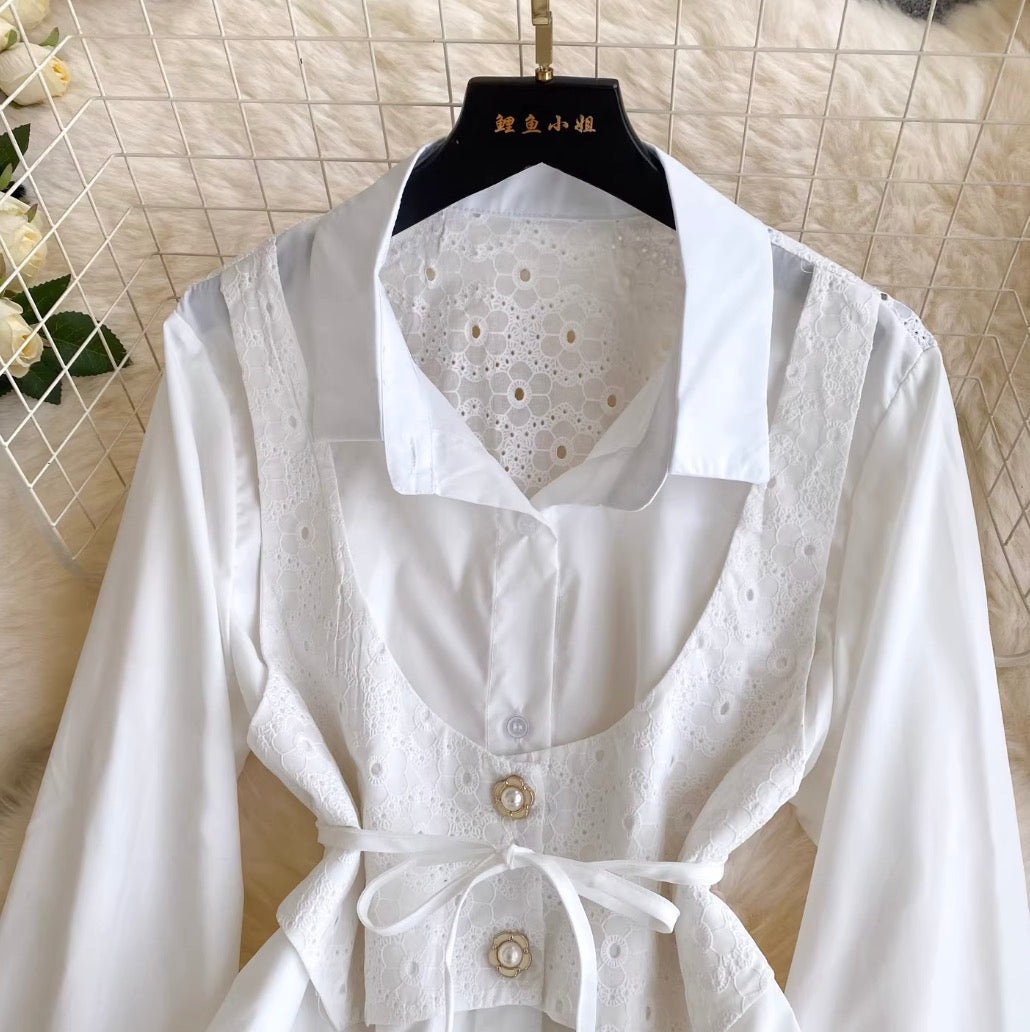 Lace Girdle Patchwork White Shirt