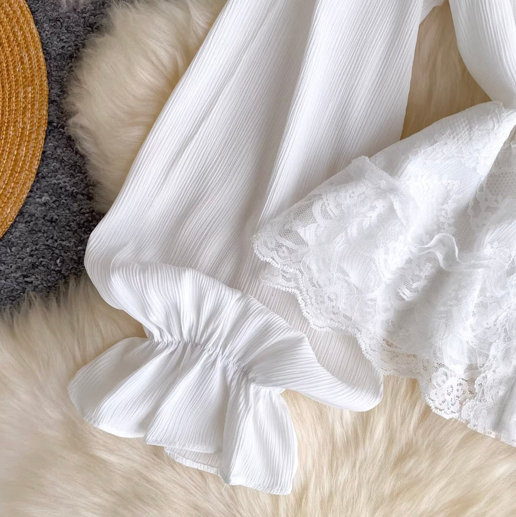 V-neck Lace Flared Sleeve Top