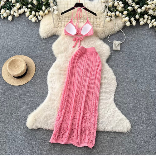 3D Flower Knit Bikini & Skirt 2Pcs