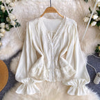 V-neck Lace Flared Sleeve Top