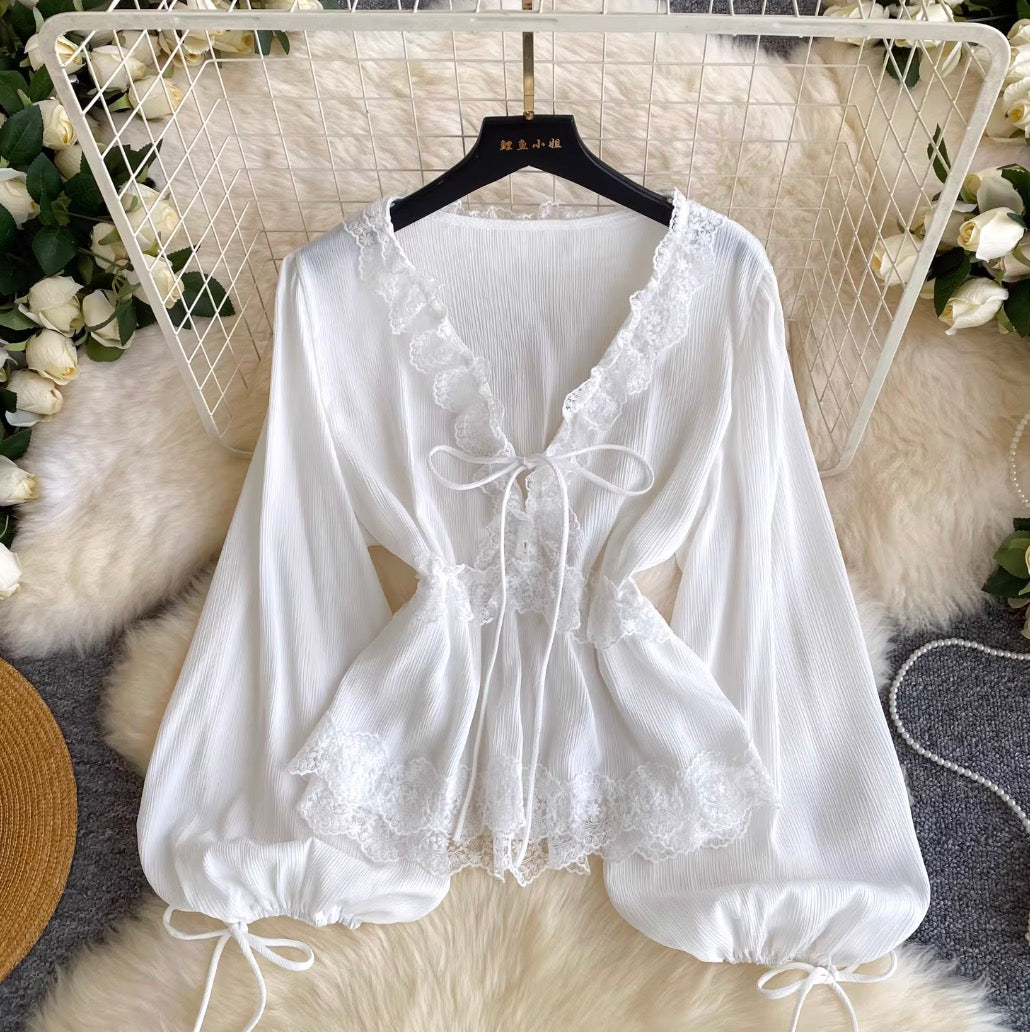 V-neck Lace Patchwork Elegant Shirt