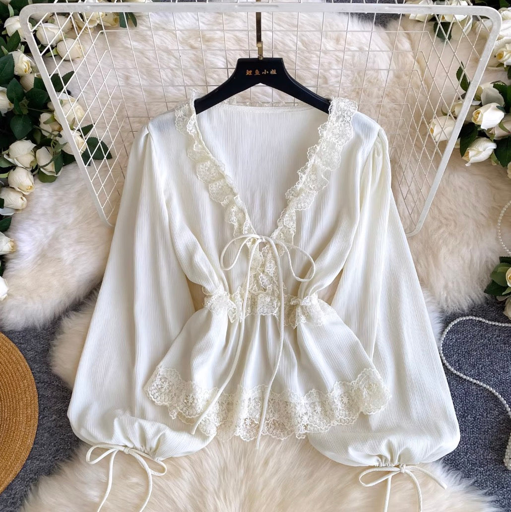 V-neck Lace Patchwork Elegant Shirt