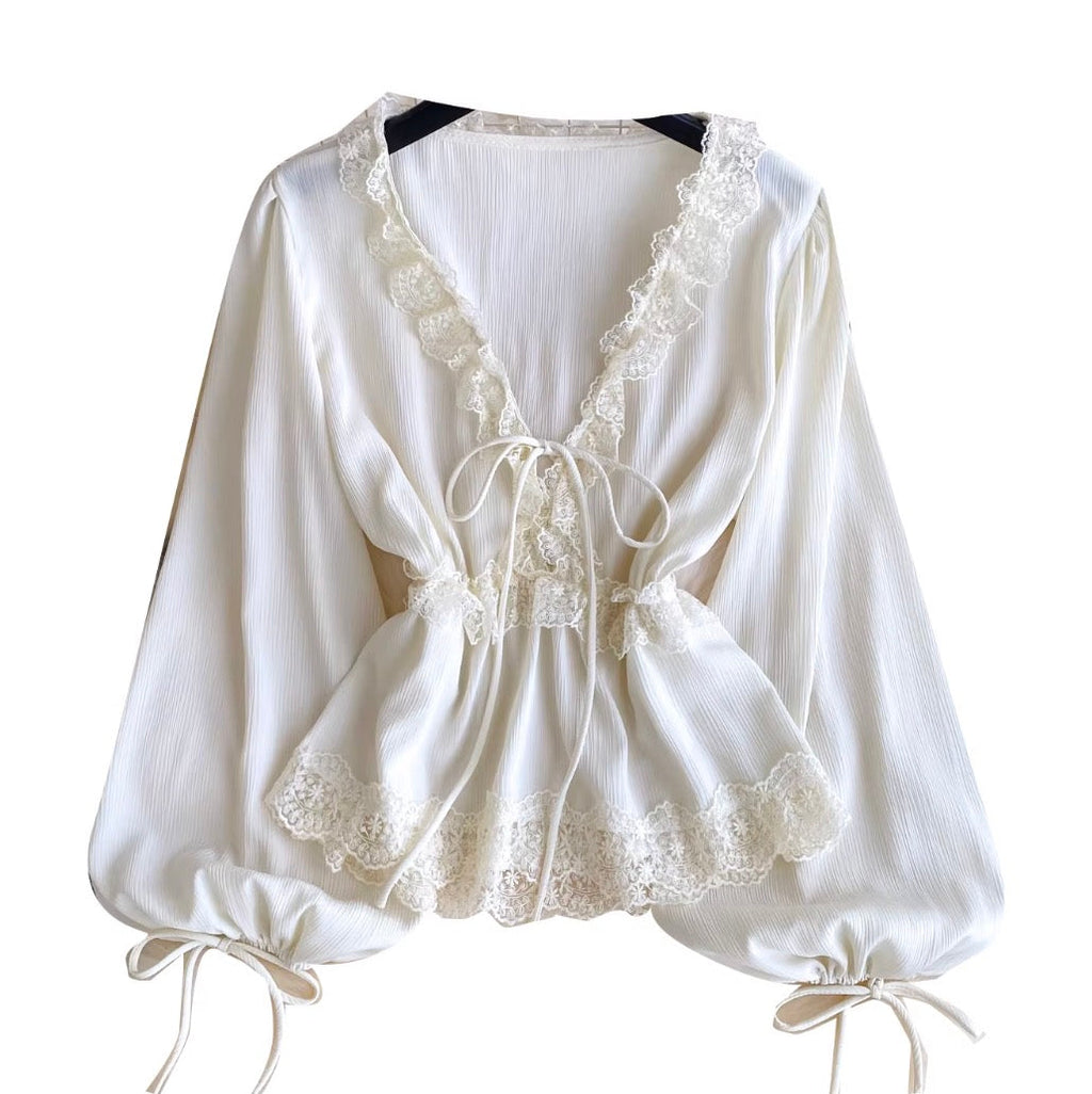 V-neck Lace Patchwork Elegant Shirt