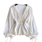 V-neck Lace Patchwork Elegant Shirt